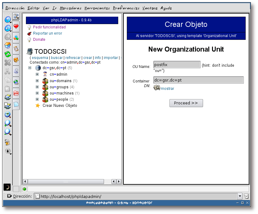 Creando la unidad organizacional postfix, selección del nombre