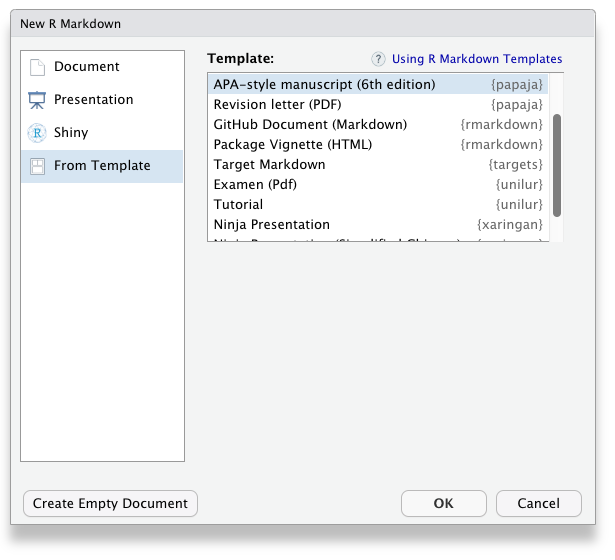 APA template selection dialog